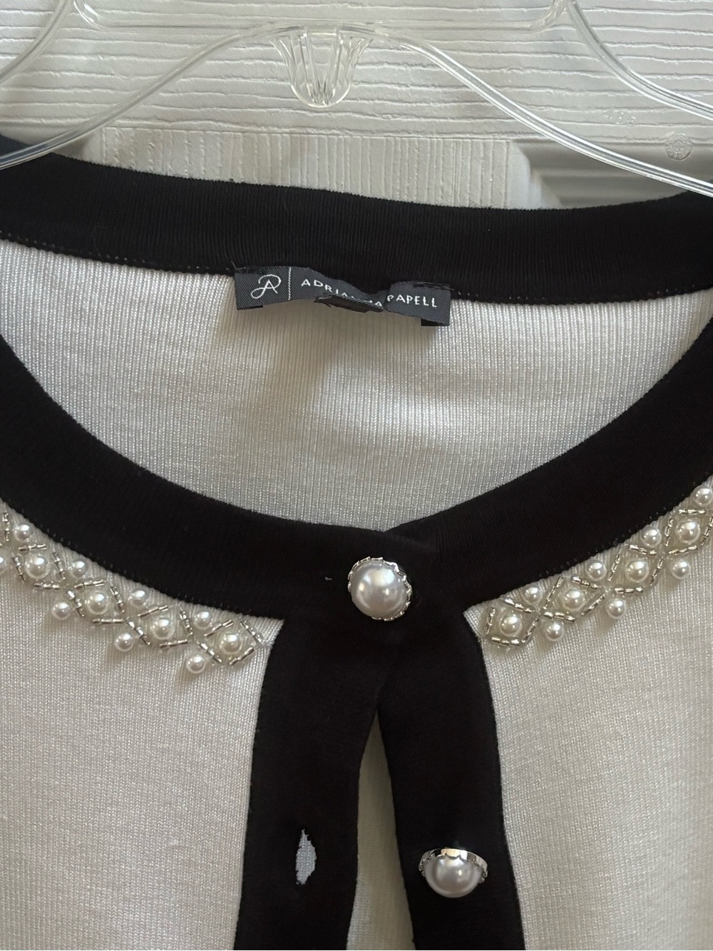 Adrianna Papell Cream/Black Pearl-Trim Sweater Cardigan, Size M, Like New Cond - Picture 2 of 5